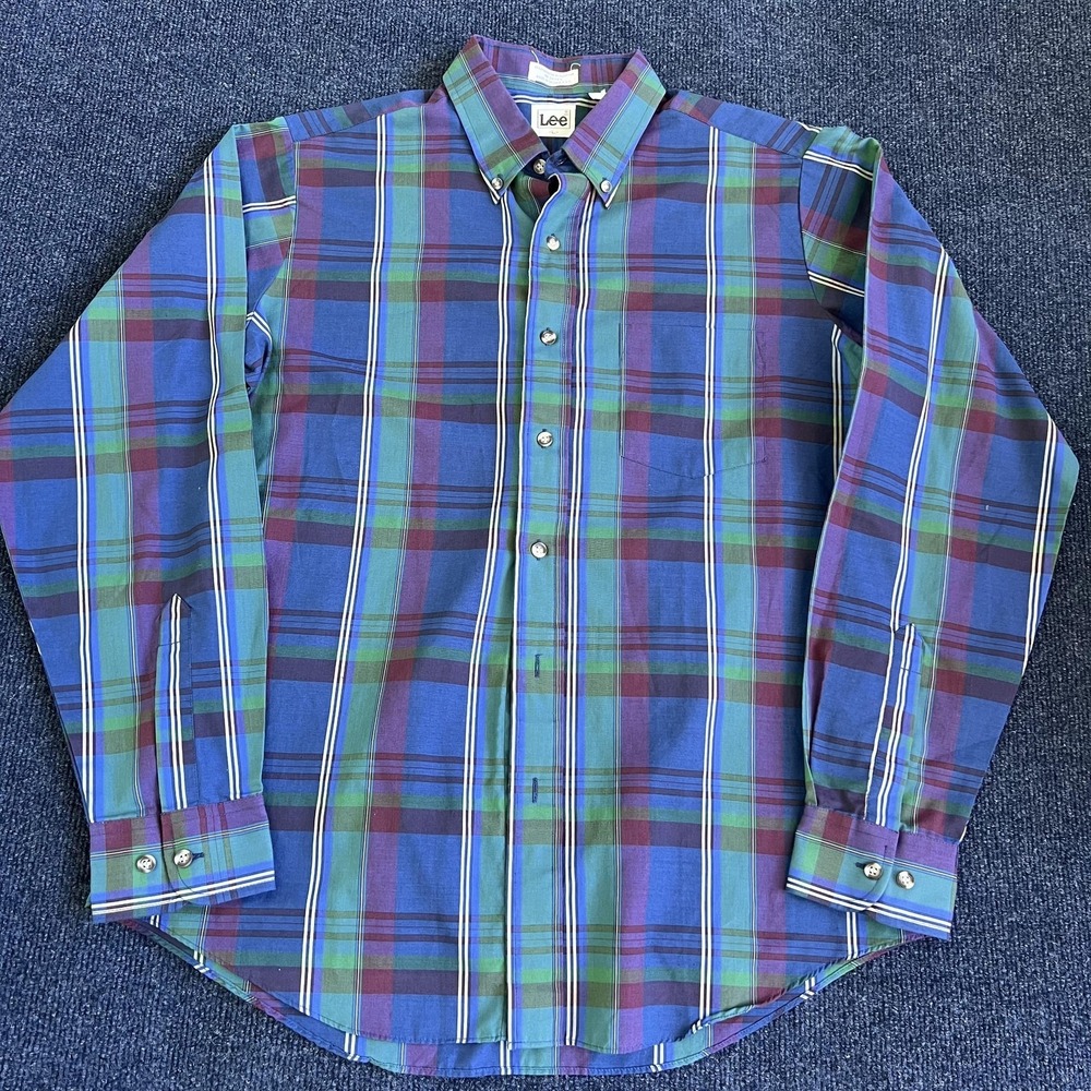 Vintage Lee Shirt Mens Large Blue Plaid Long Sleeve Button Down Casual